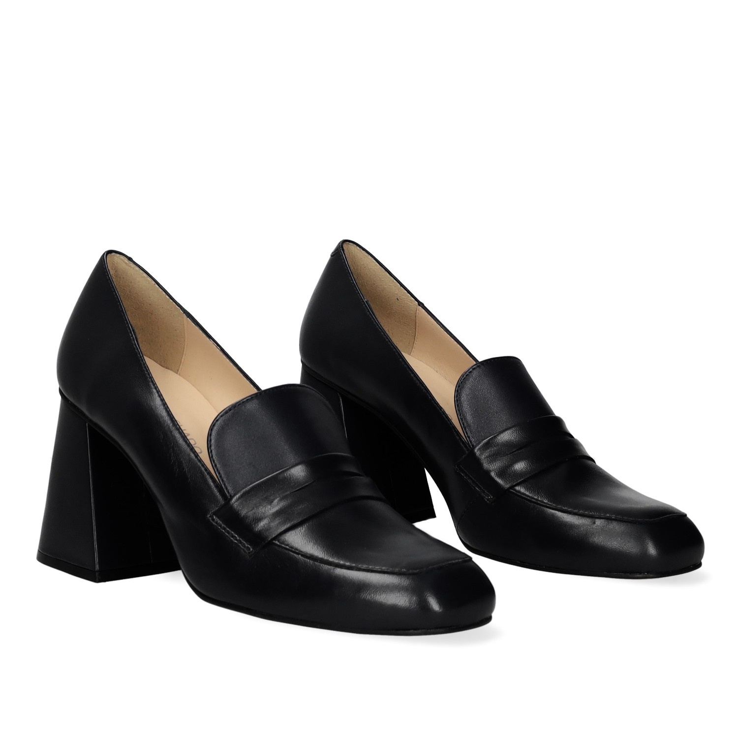 Black leather shop heeled loafers womens